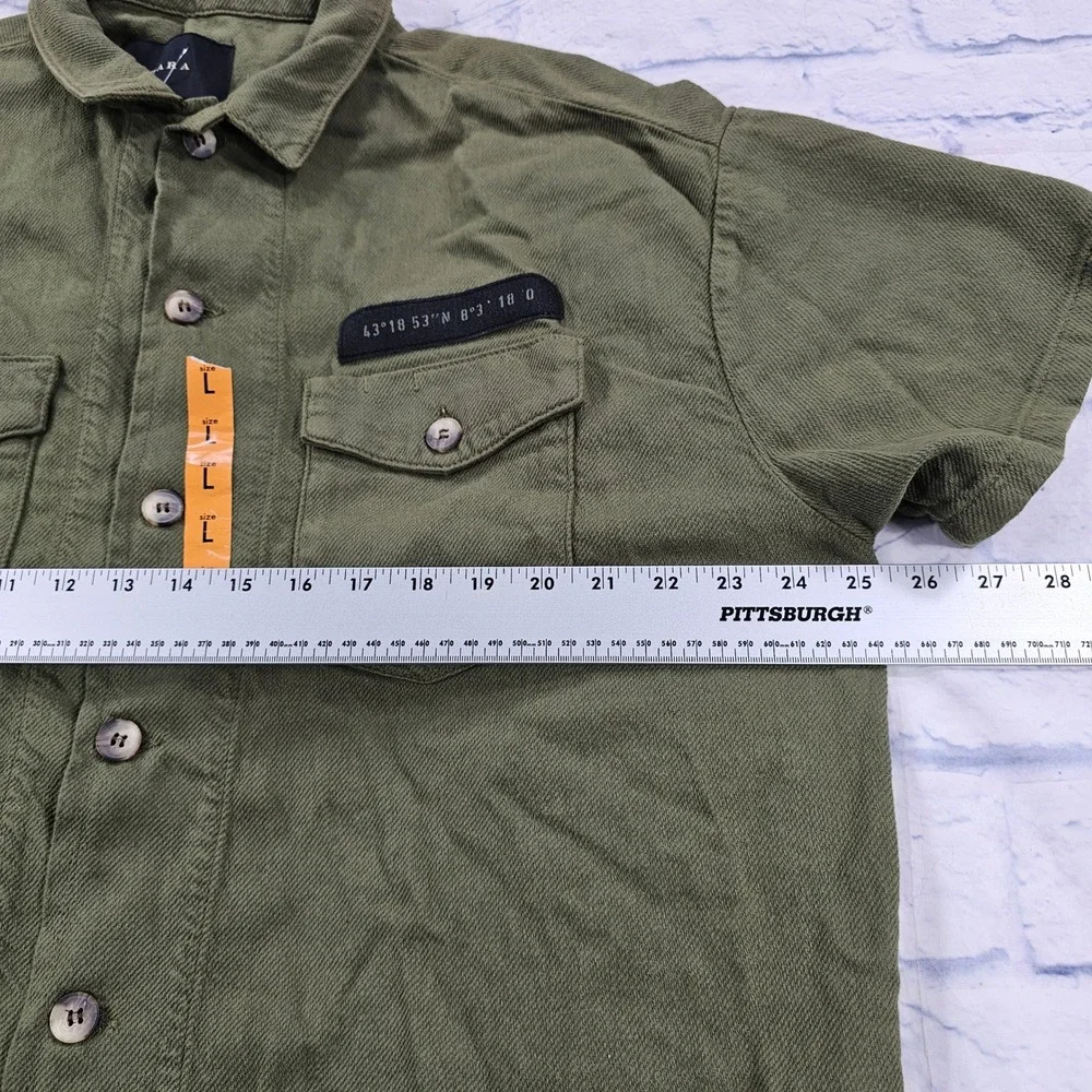 Zara Button Shirt MENS L Olive Green Short Sleeve Utility Gorpcore Pocket
